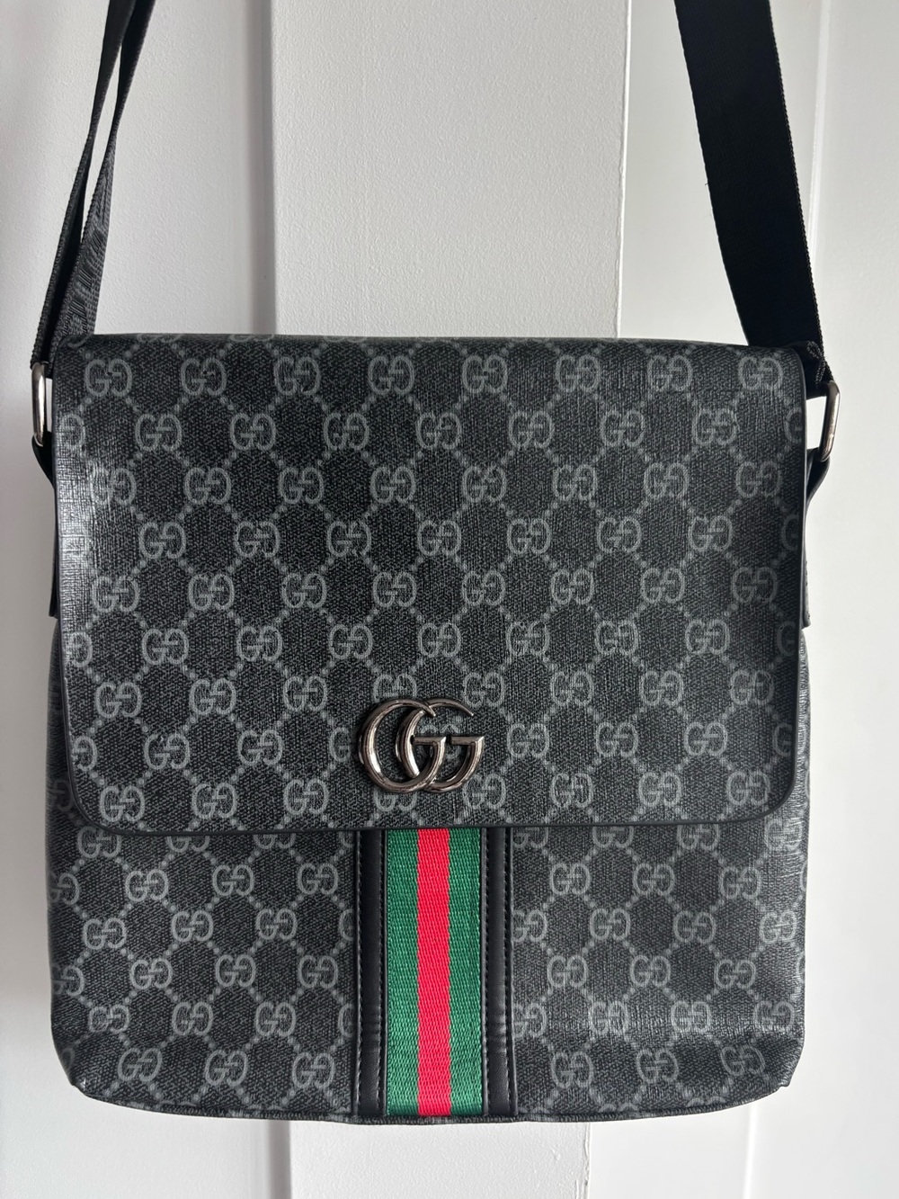Gucci Gray GG Supreme Messenger Bag with Green-Red Web Stripe